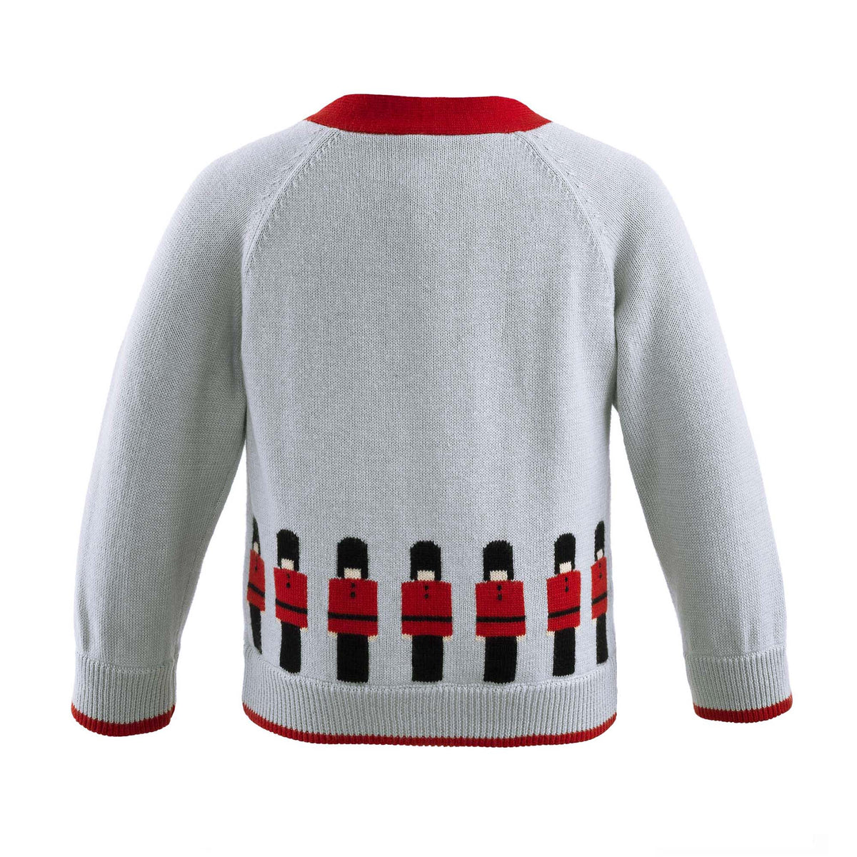 Baby grey soldier intarsia cardigan with red edging on cuffs and hem.