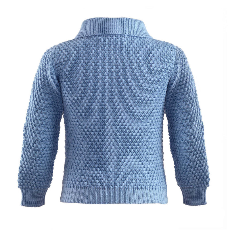 Boys blue moss stitch cardigan with a collar, pockets and pearl button front to fasten.