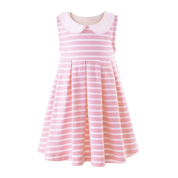 Babies jersey pink and white breton stripe dress, sleeveless with ivory peter pan collar.