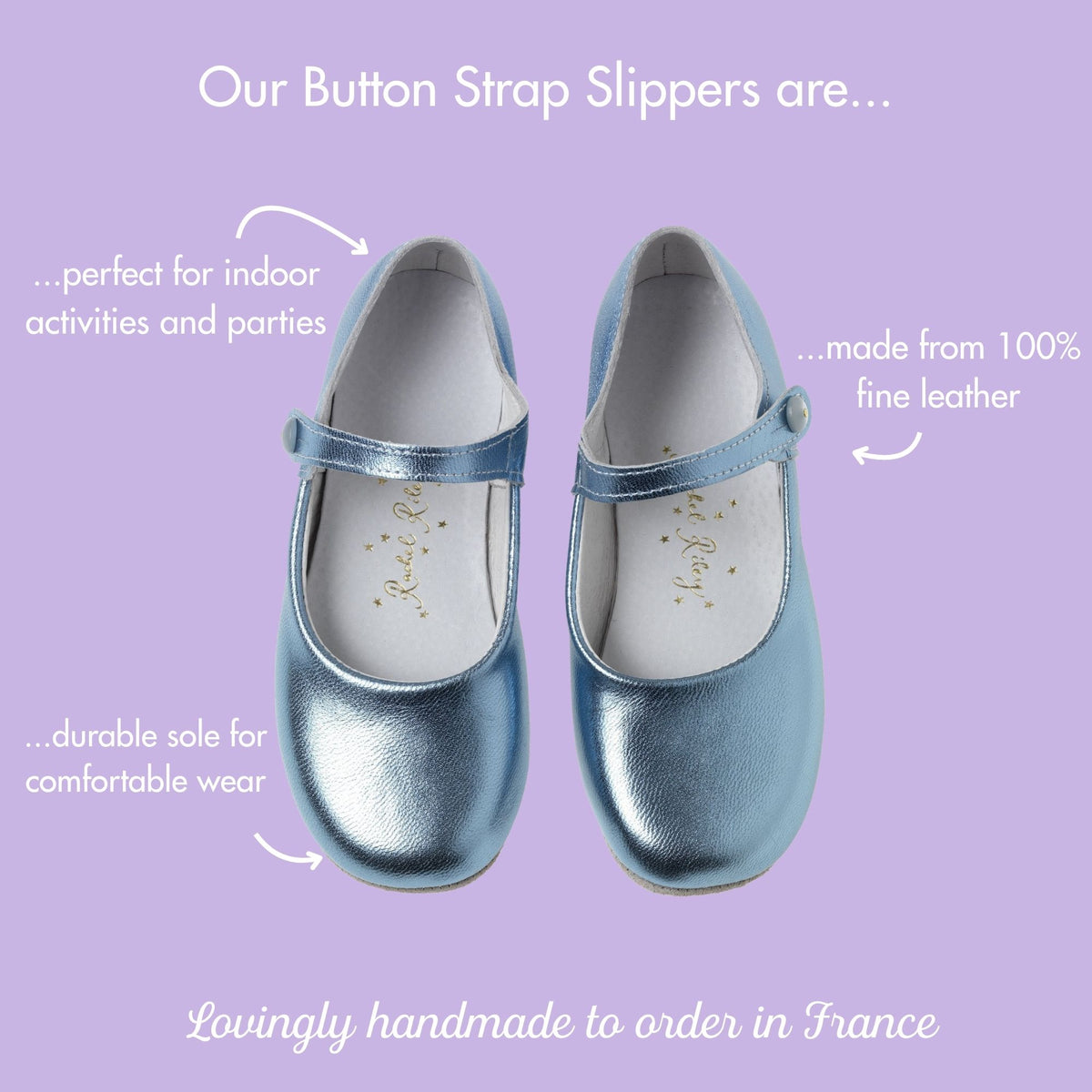 Button Strap Slippers, Blue Metallic