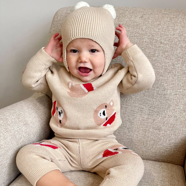 Beige Pom Pom Knit Hat