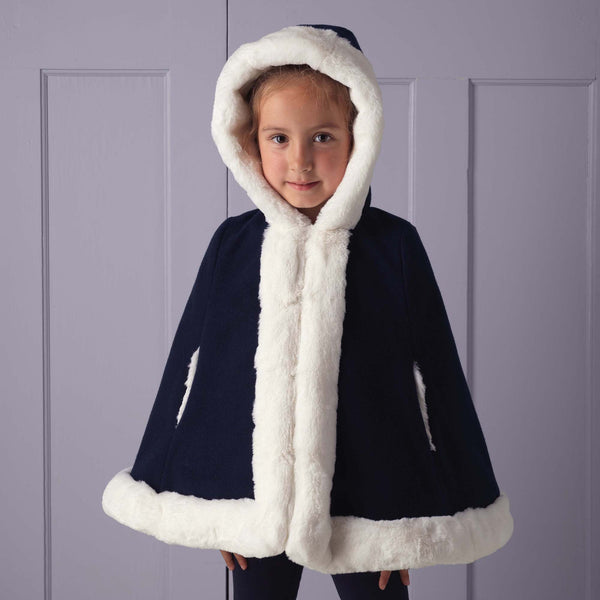 Navy Faux Fur Trim Cape