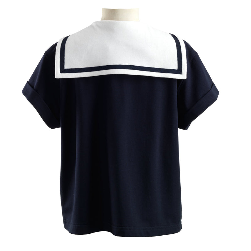Boys navy jersey shirt with ivory sailor collar, trimmed with navy ribbon and turn-up cuffs.