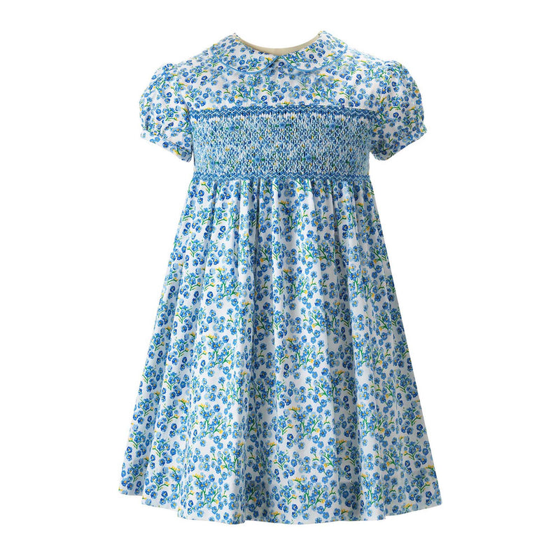 Babies blue floral dress with hand-smocked bodice, peter pan collar and gathered skirt.