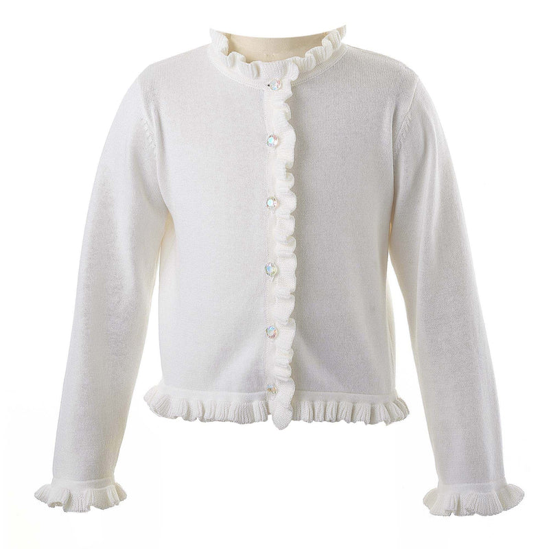 Girls ivory cotton cardigan with frill at the front, neck, hem and cuffs and jewel buttons.