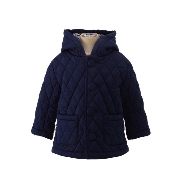 Children's navy quilted jacket with hood, patch pocket on the front and striped navy lining.