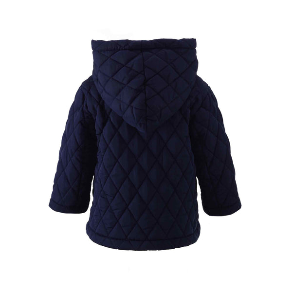 Children's navy quilted jacket with hood, patch pocket on the front and striped navy lining.
