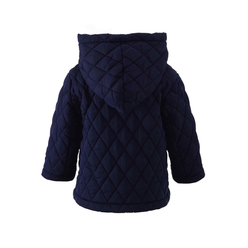 Children's navy quilted jacket with hood, patch pocket on the front and striped navy lining.