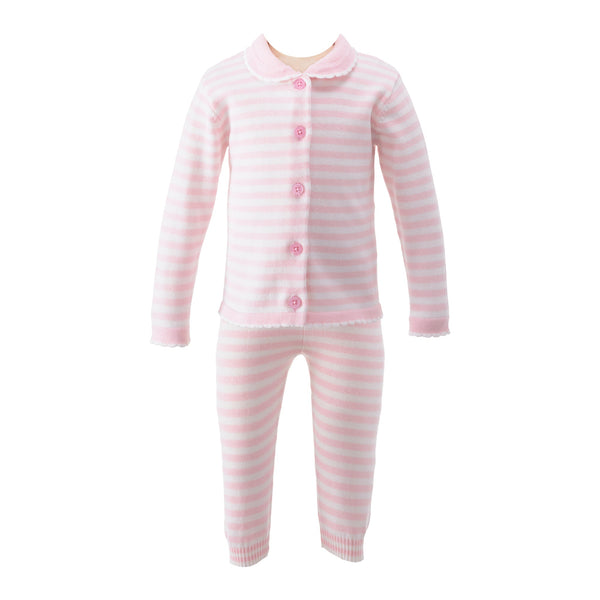 Babies knitted pink and white striped cardigan and trousers set.