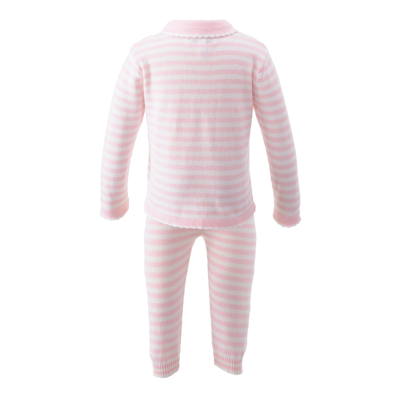 Babies knitted pink and white striped cardigan and trousers set.