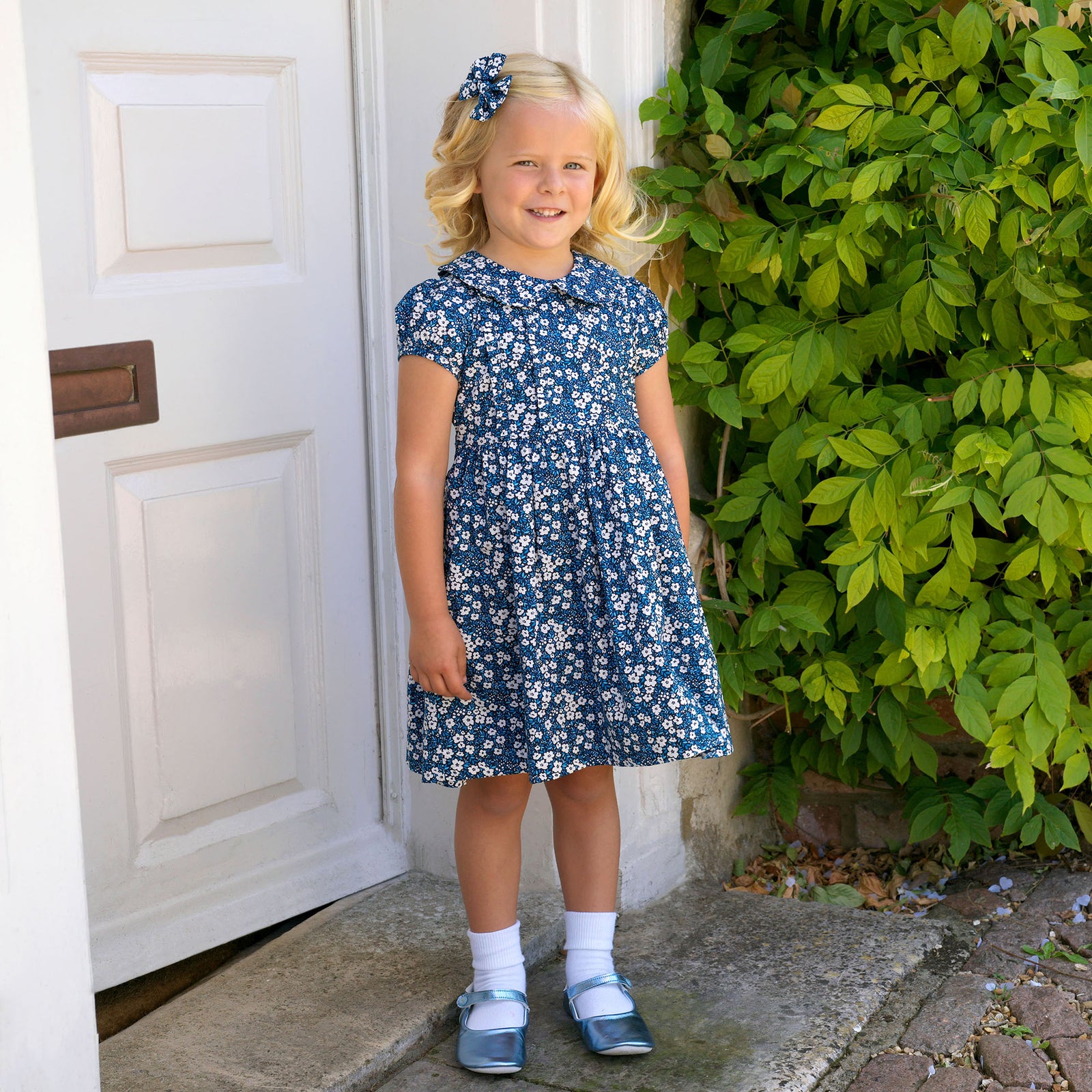 Navy Mini Floral Frill Dress | Rachel Riley UK