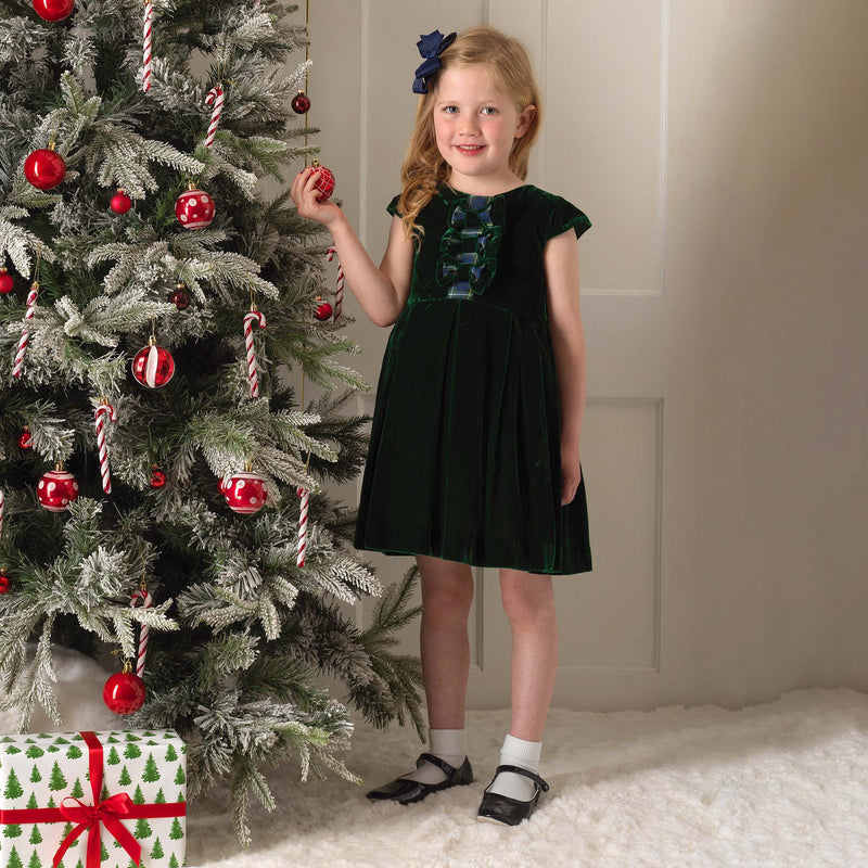 Green Tartan Bow Velvet Dress