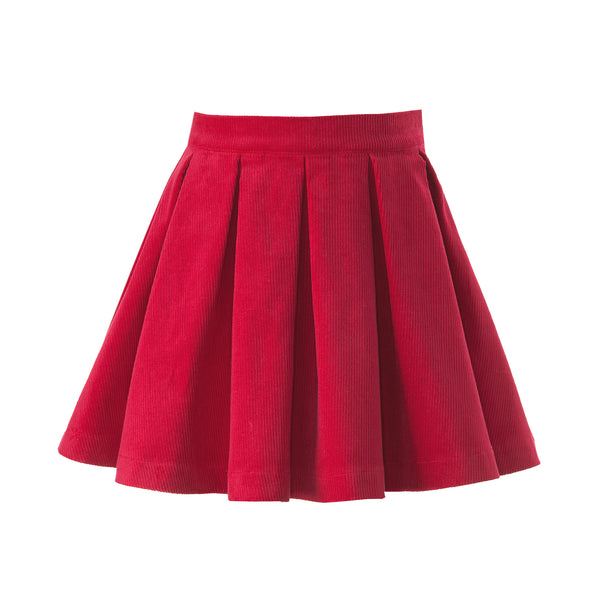 Red Babycord Pleated Skirt