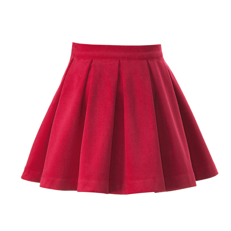 Red Babycord Pleated Skirt