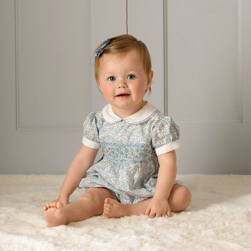 Blue Ditsy Lawn Smocked Babysuit