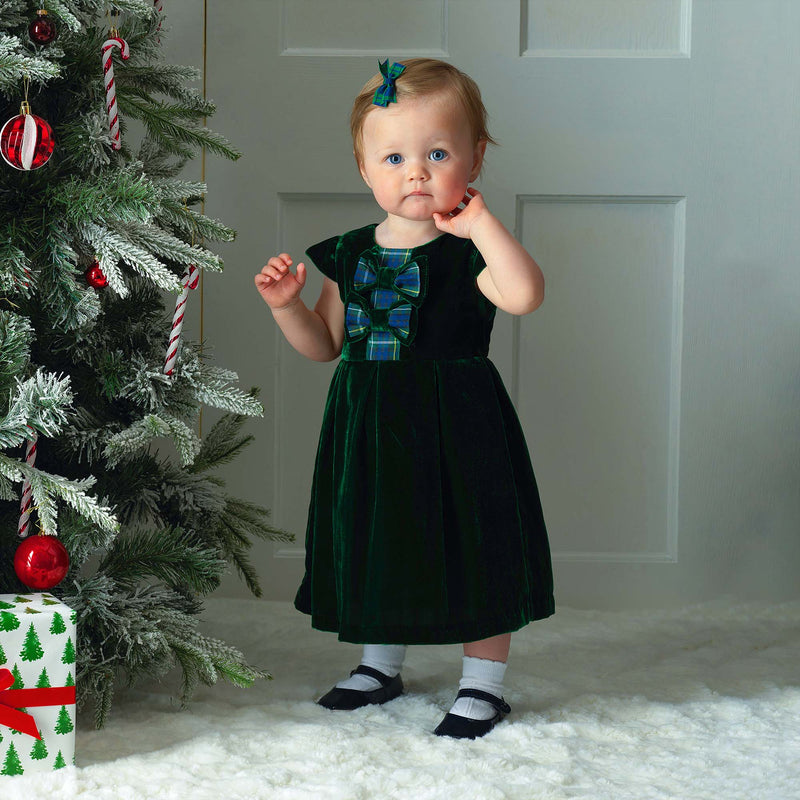 Green Tartan Bow Velvet Dress