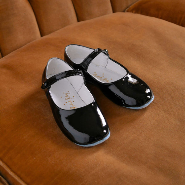 Button Strap Slippers, Black Patent