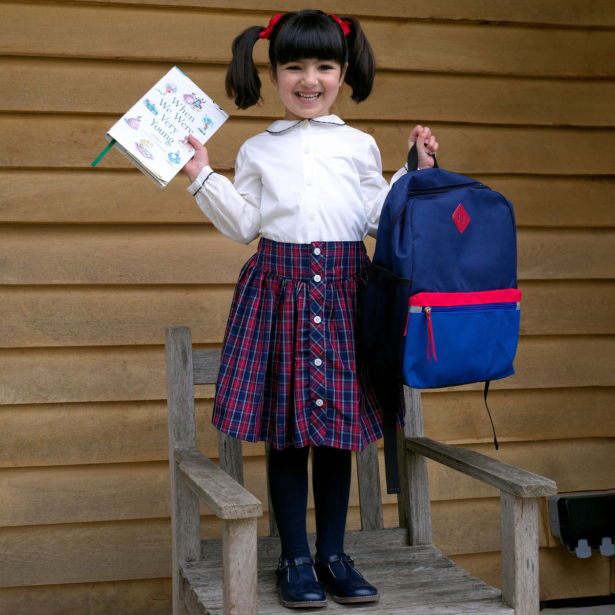 Navy Check Button-front Skirt