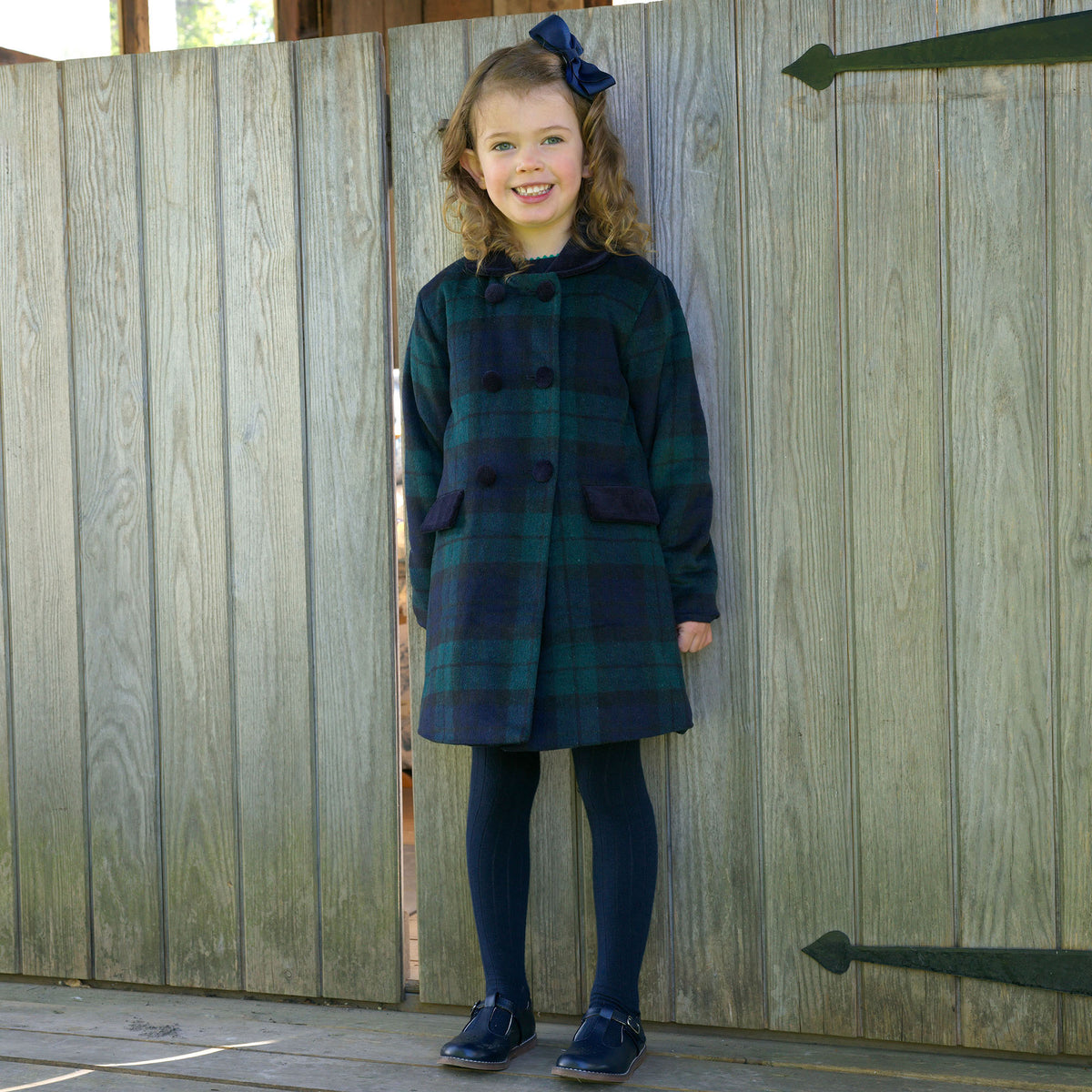 Navy Blackwatch Velvet Trim Coat