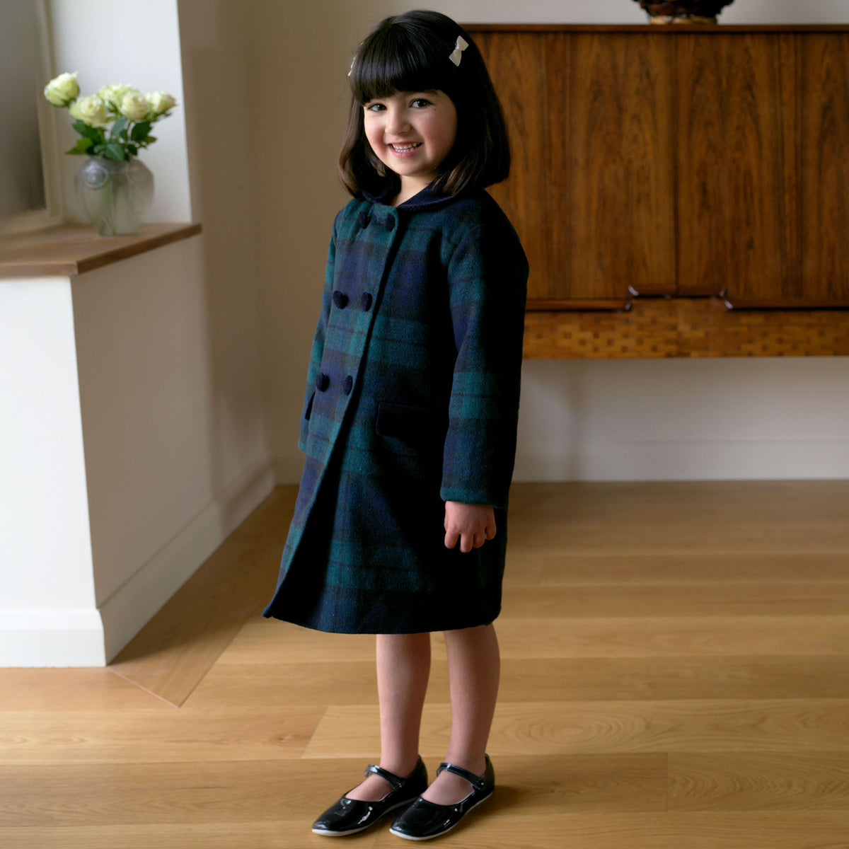 Navy Blackwatch Velvet Trim Coat