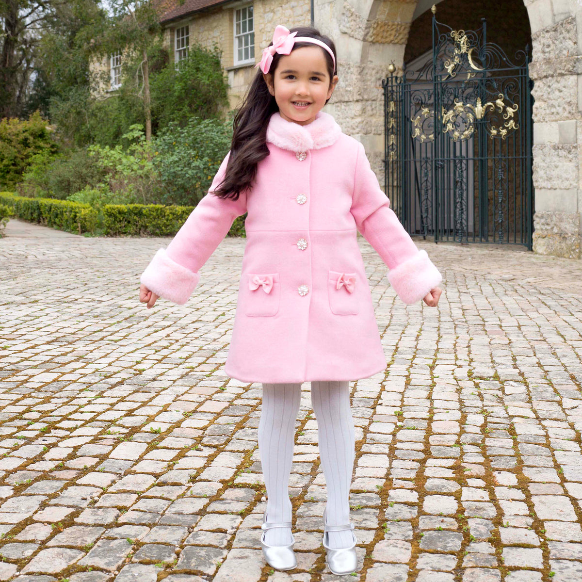 Pink Sparkle Button Faux Fur Dress Coat