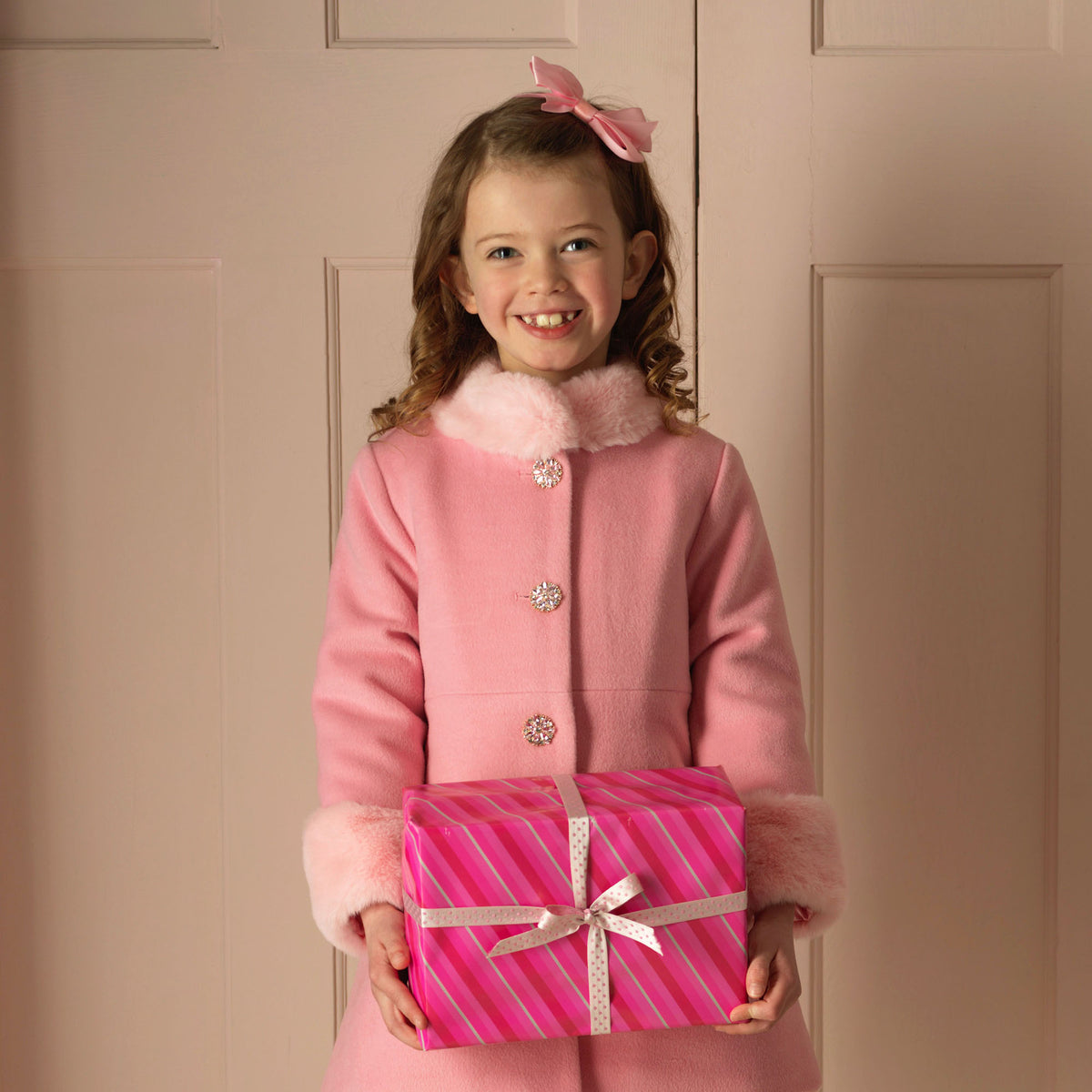 Pink Sparkle Button Faux Fur Dress Coat