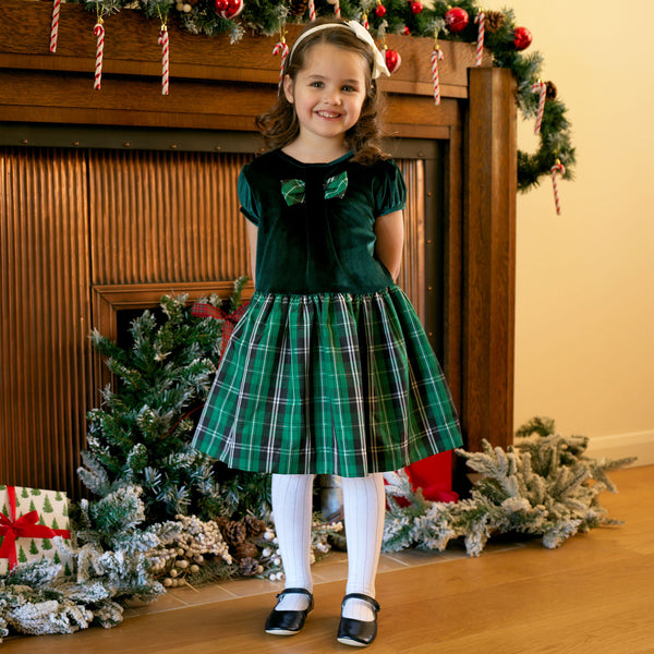 Green Velvet Check Party Dress