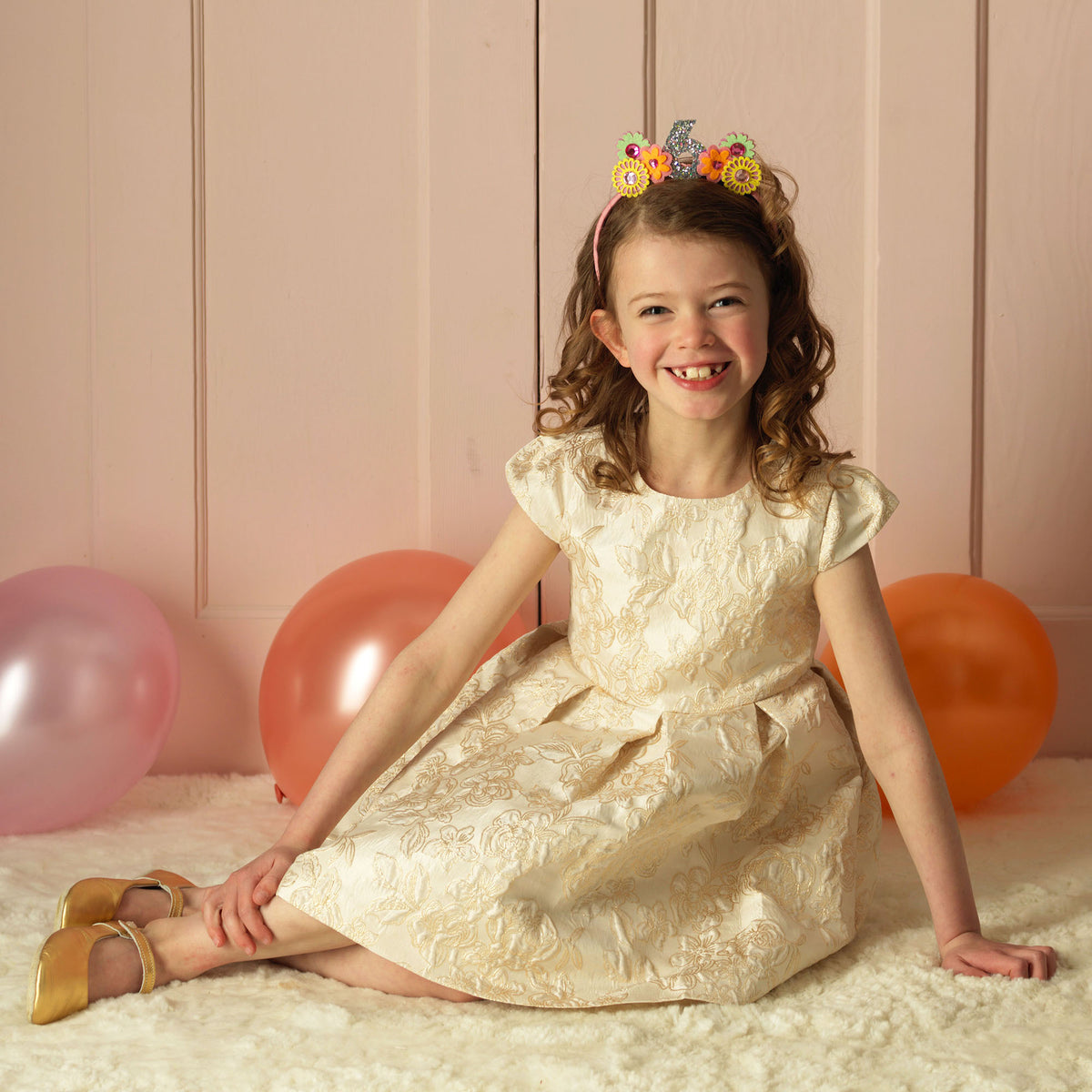 Pleated Damask Party Dress, Gold