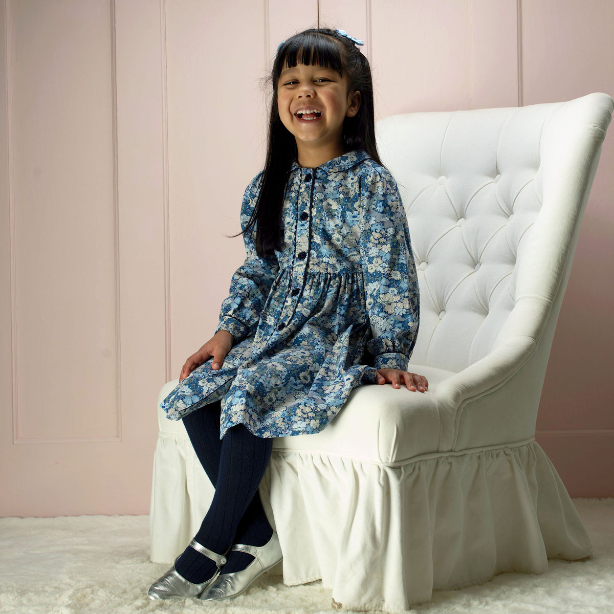 Blue Floral LS Button-front Dress