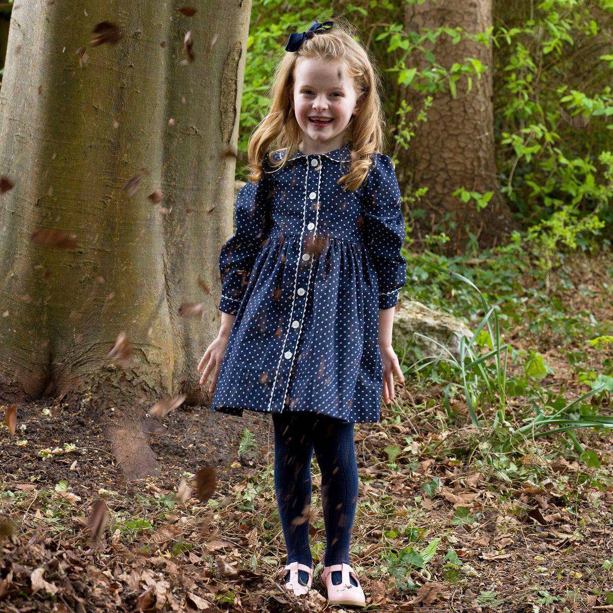 Polka Dot Button-front Chambray Dress