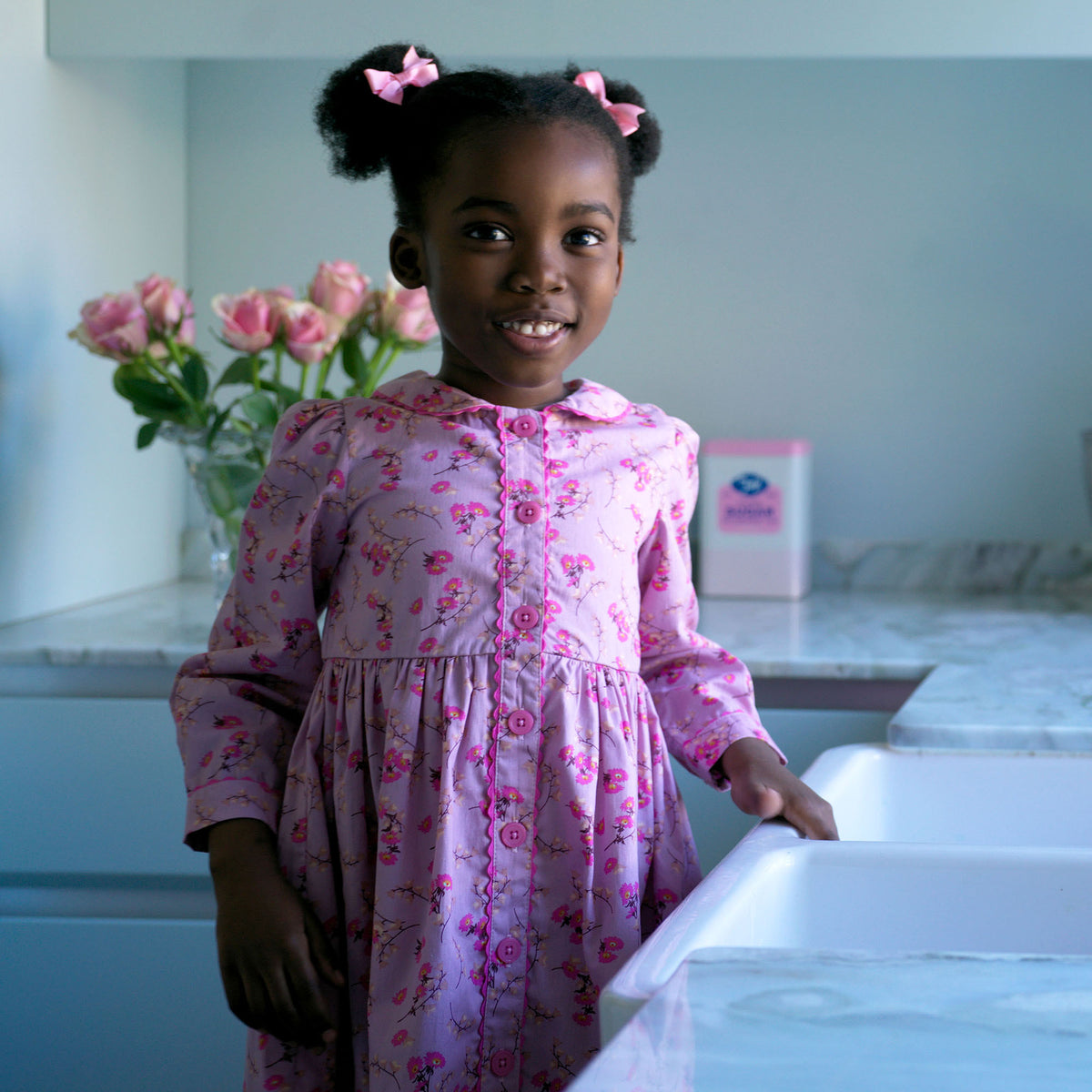 Pink Floral Foxglove Button-front Dress