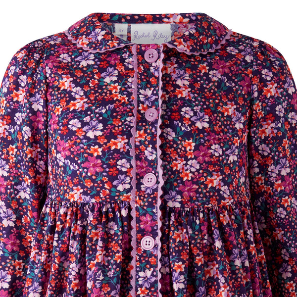 Purple Leafy Floral Button-front Dress