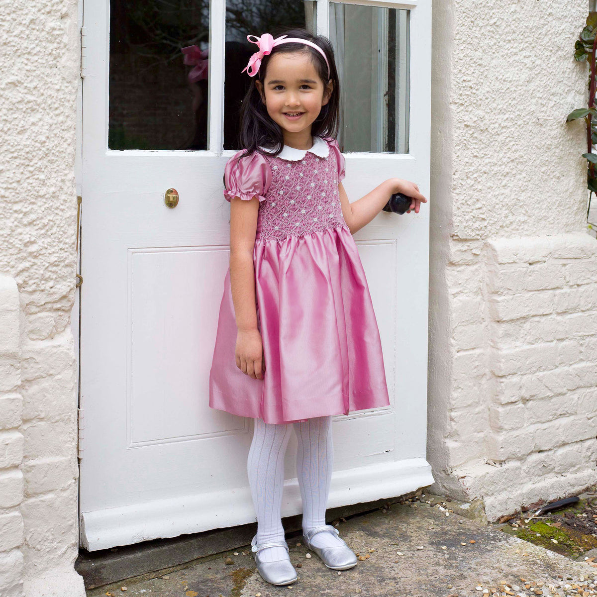 Pink Taffeta Rosebud Smocked Dress
