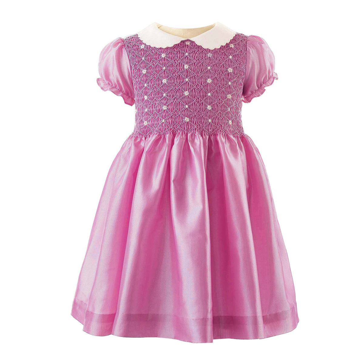 Pink Taffeta Rosebud Smocked Dress