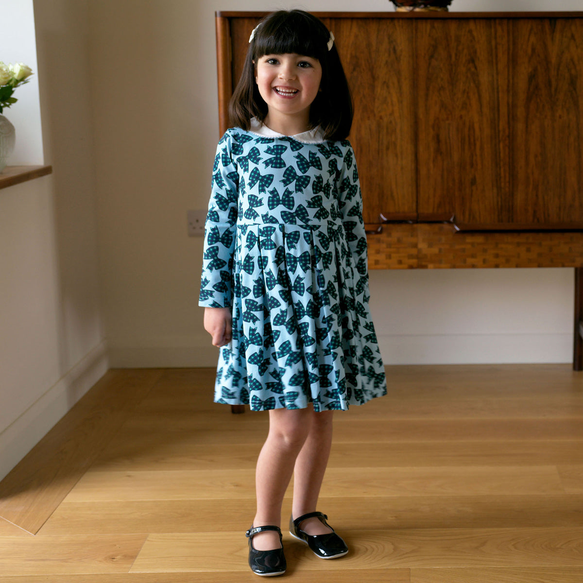Blue Tartan Bow Jersey Dress