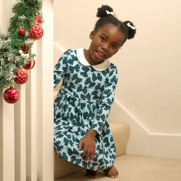 Blue Tartan Bow Jersey Dress