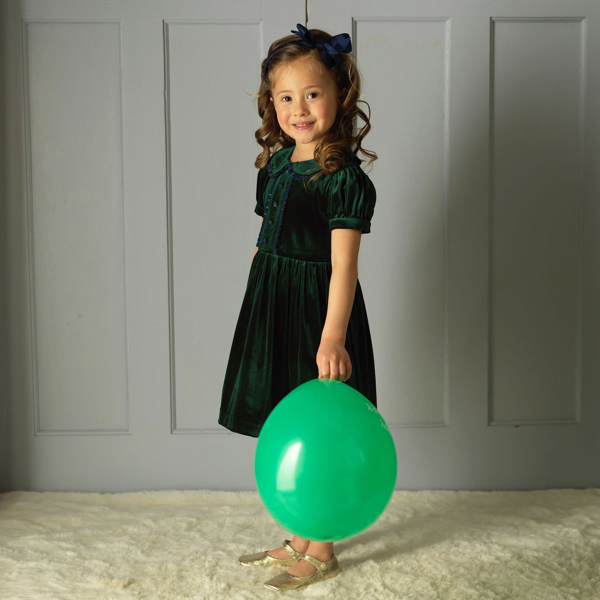 Green Velvet Tartan Trim Dress
