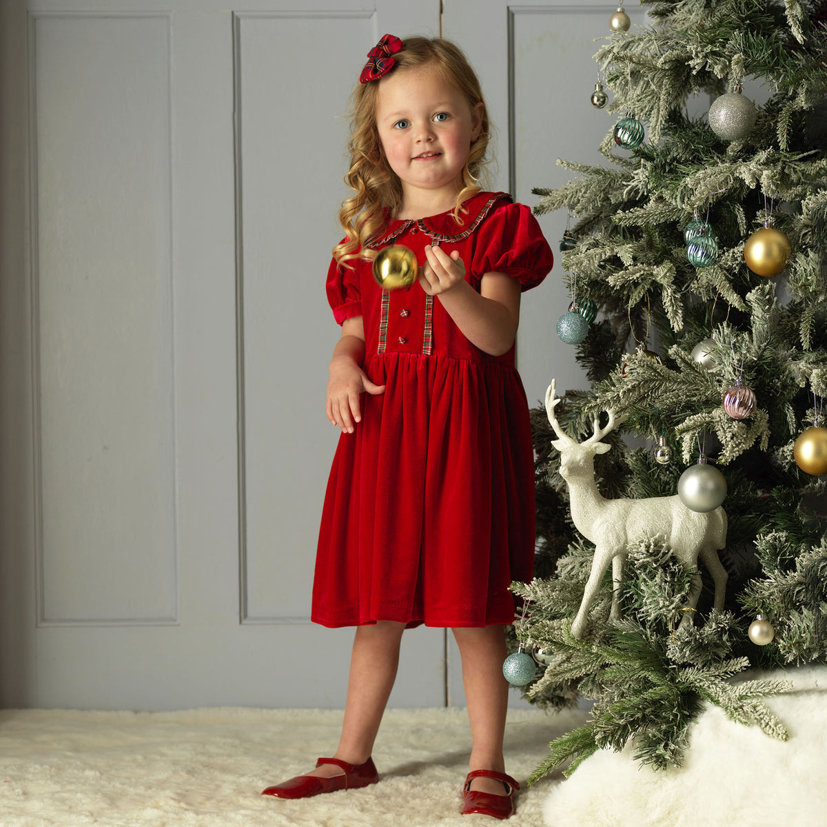 Red Velvet Tartan Trim Dress