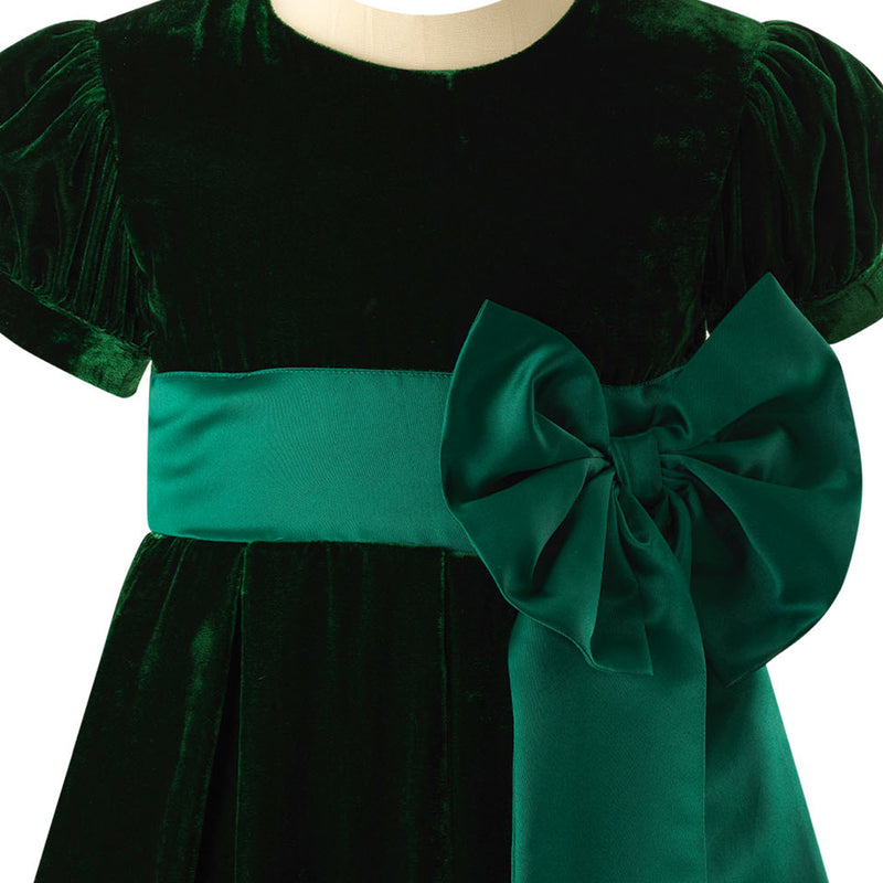 Crushed Velvet Bow Dress, Green