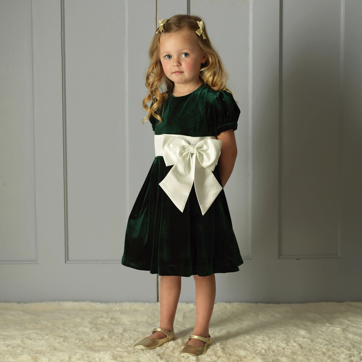 Green Velvet Contrast Bow Dress