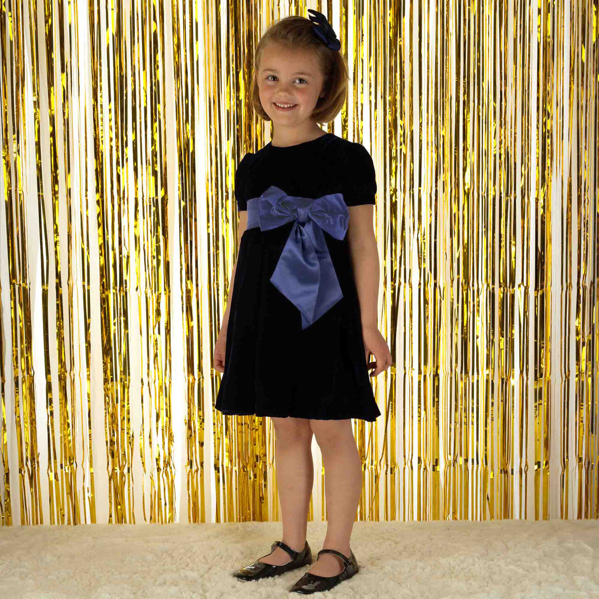 Crushed Velvet Bow Dress, Navy