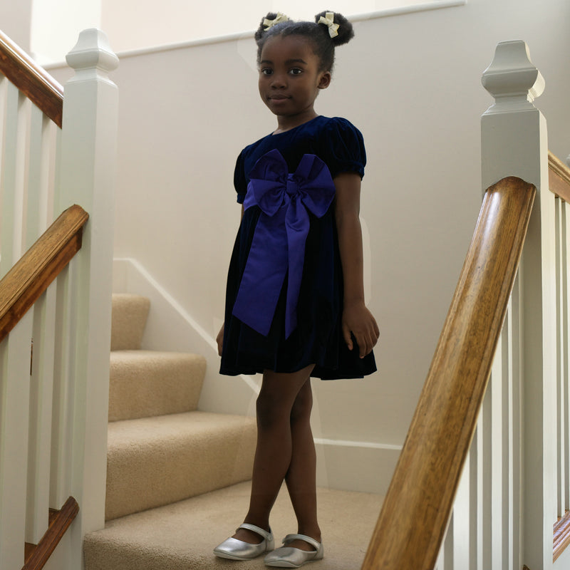 Crushed Velvet Bow Dress, Navy