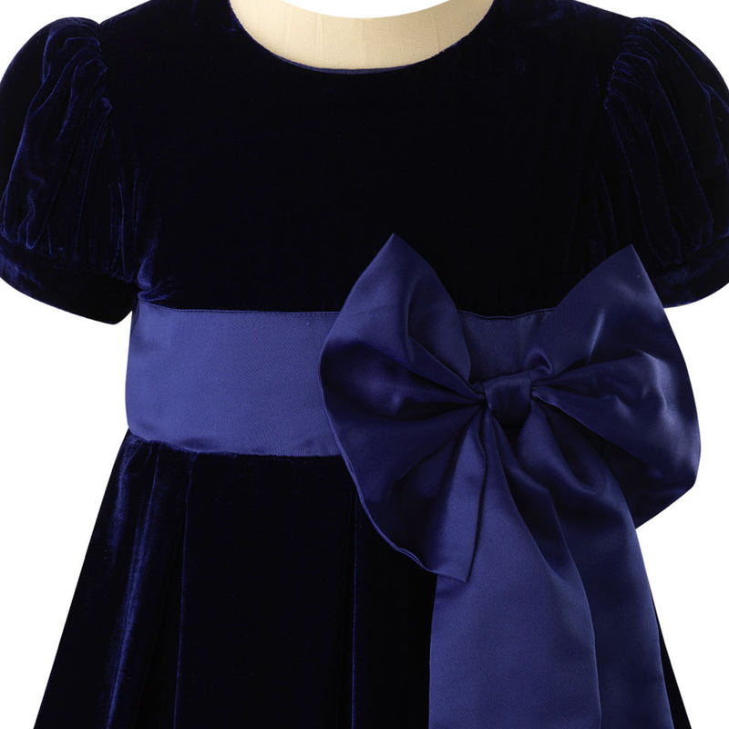 Crushed Velvet Bow Dress, Navy