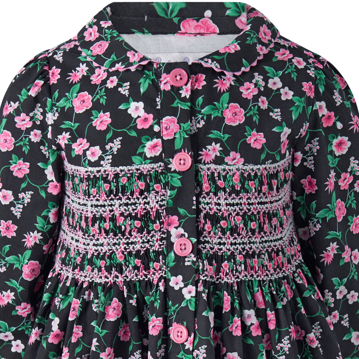 Black Floral Smocked Button-front Dress