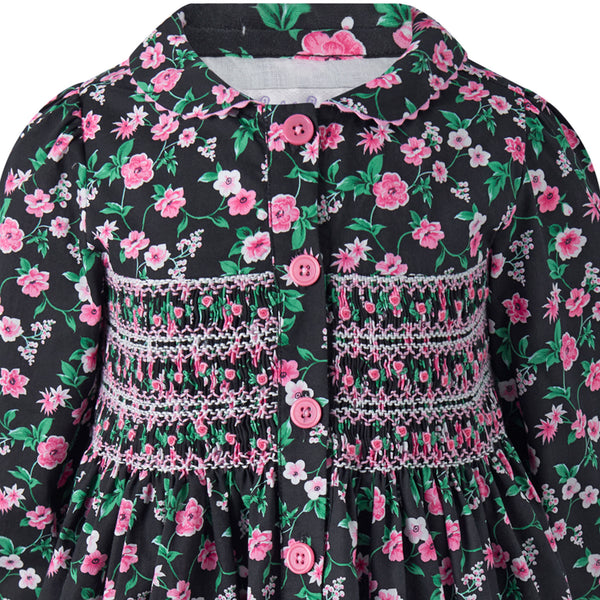 Black Floral Smocked Button-front Dress
