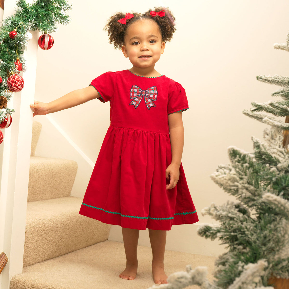 Red Tartan Bow Embroidered Dress