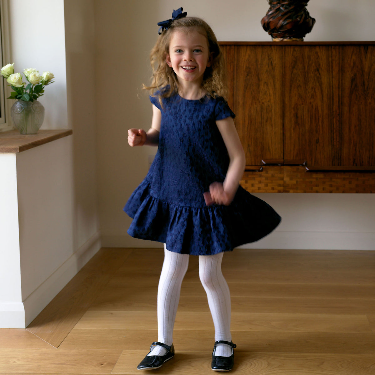 Navy Petal Damask Drop Hem Dress