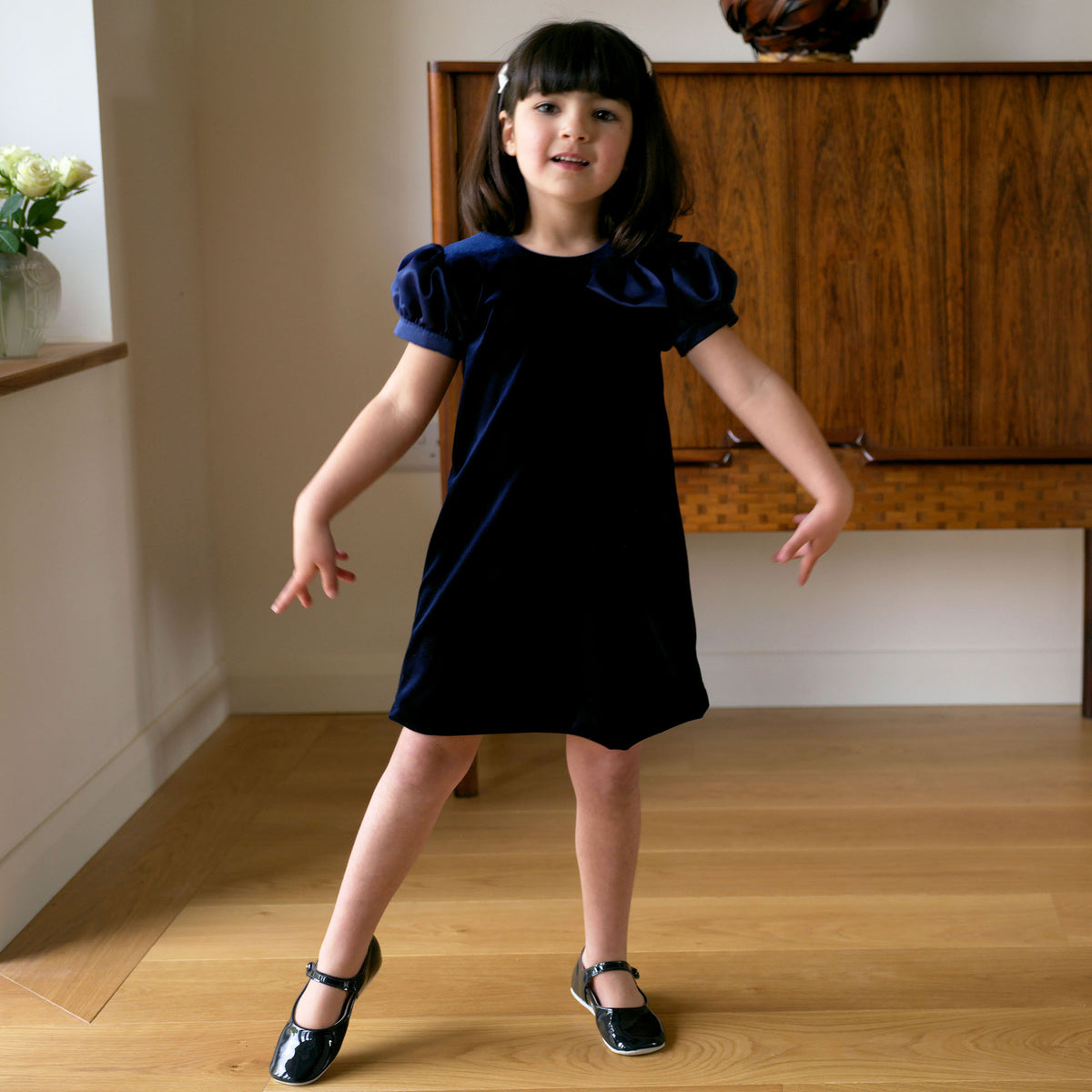 Navy Bow Shoulder Velvet Dress