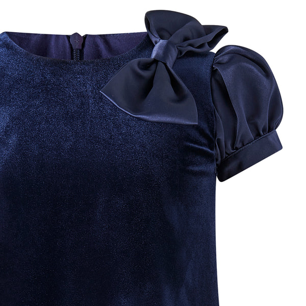 Navy Bow Shoulder Velvet Dress