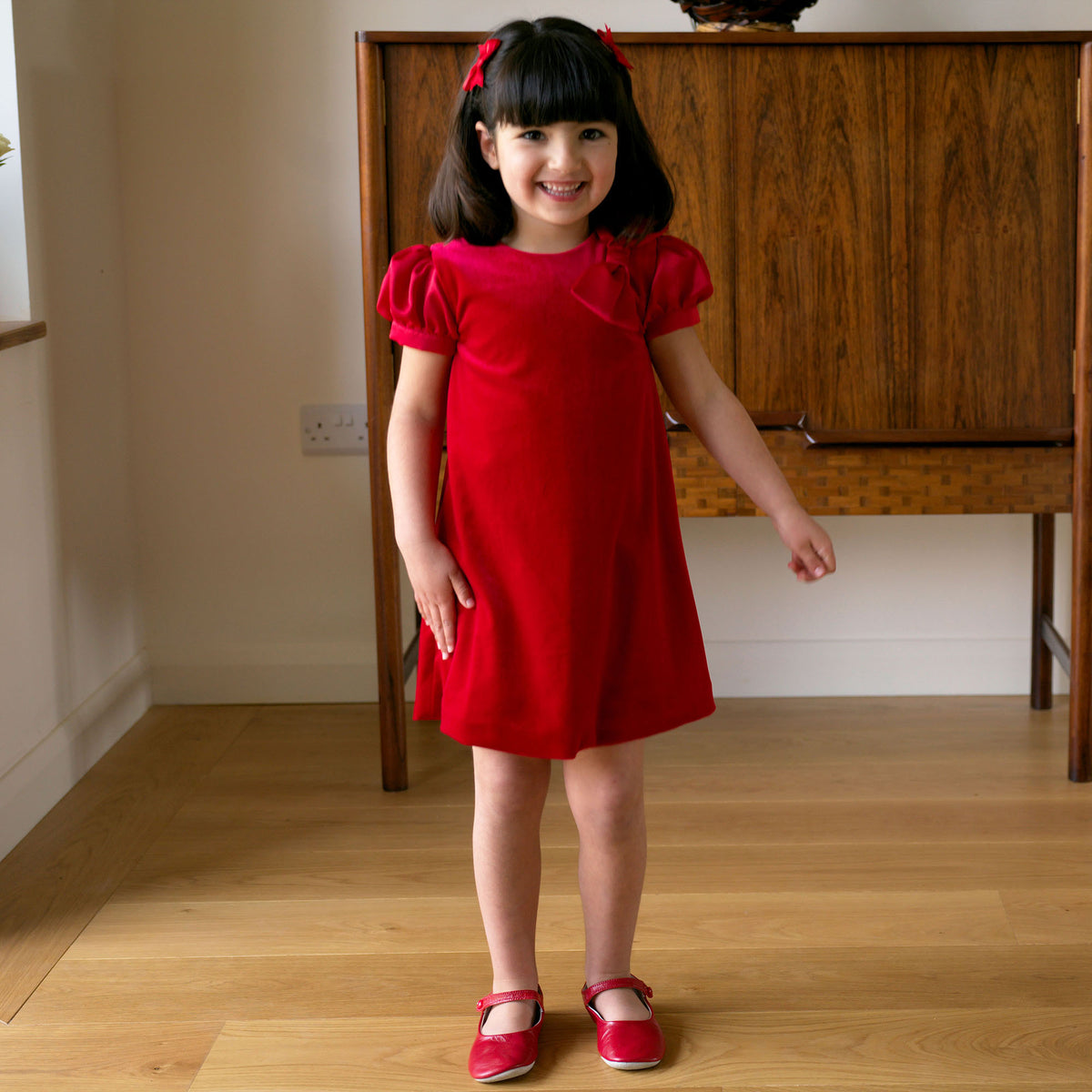 Red Bow Shoulder Velvet Dress